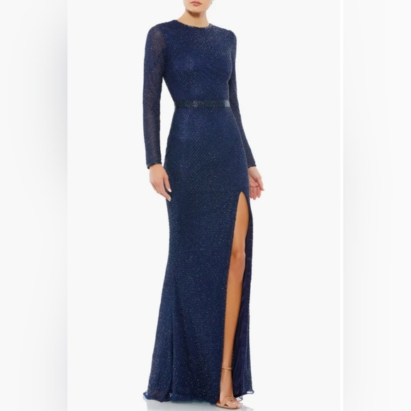Mac Duggal Navy Bugle Bead Long Sleeve Sheath Formal Gown NWT Size 6 - Picture 1 of 16